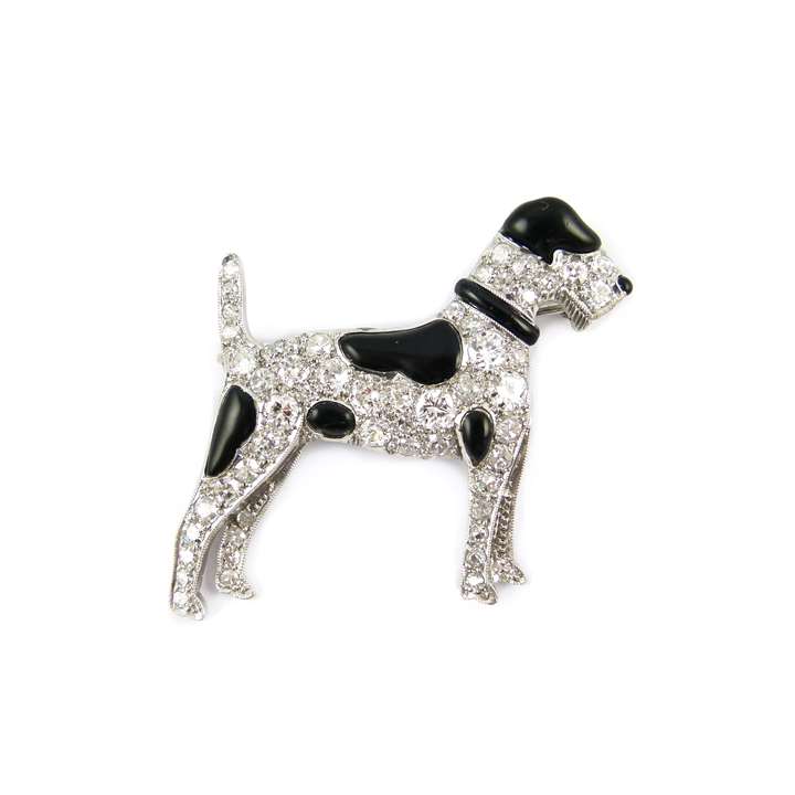 Diamond and black enamel dog brooch